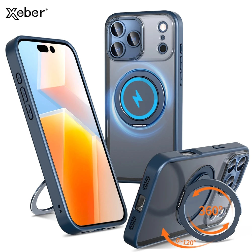 Luxury Rotating Magnetic Kickstand Stand Phone Case For iPhone 17 16 Pro Max Plus Matte Frosted Shockproof Protective Back Cover