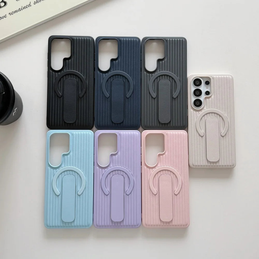 Corrugated Magnetic Stand Holder Phone Case for Samsung Galaxy S26Ultra S25 S24 Plus Veneer Leather For Magsafe Shockproof Cover