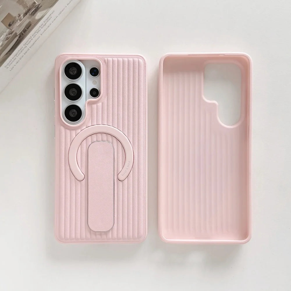 Corrugated Magnetic Stand Holder Phone Case for Samsung Galaxy S26Ultra S25 S24 Plus Veneer Leather For Magsafe Shockproof Cover
