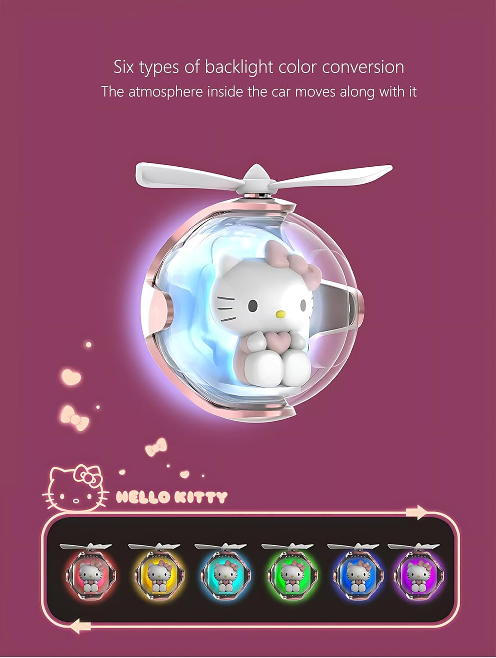 Kitty Car Air Freshener, Cute Pink Cat Pilot Air Vent Clip Interior Accessory, with 6 Color Changes, Rotating Propeller Car Air Outlet Fan, Creative Cartoon Car Air Freshener