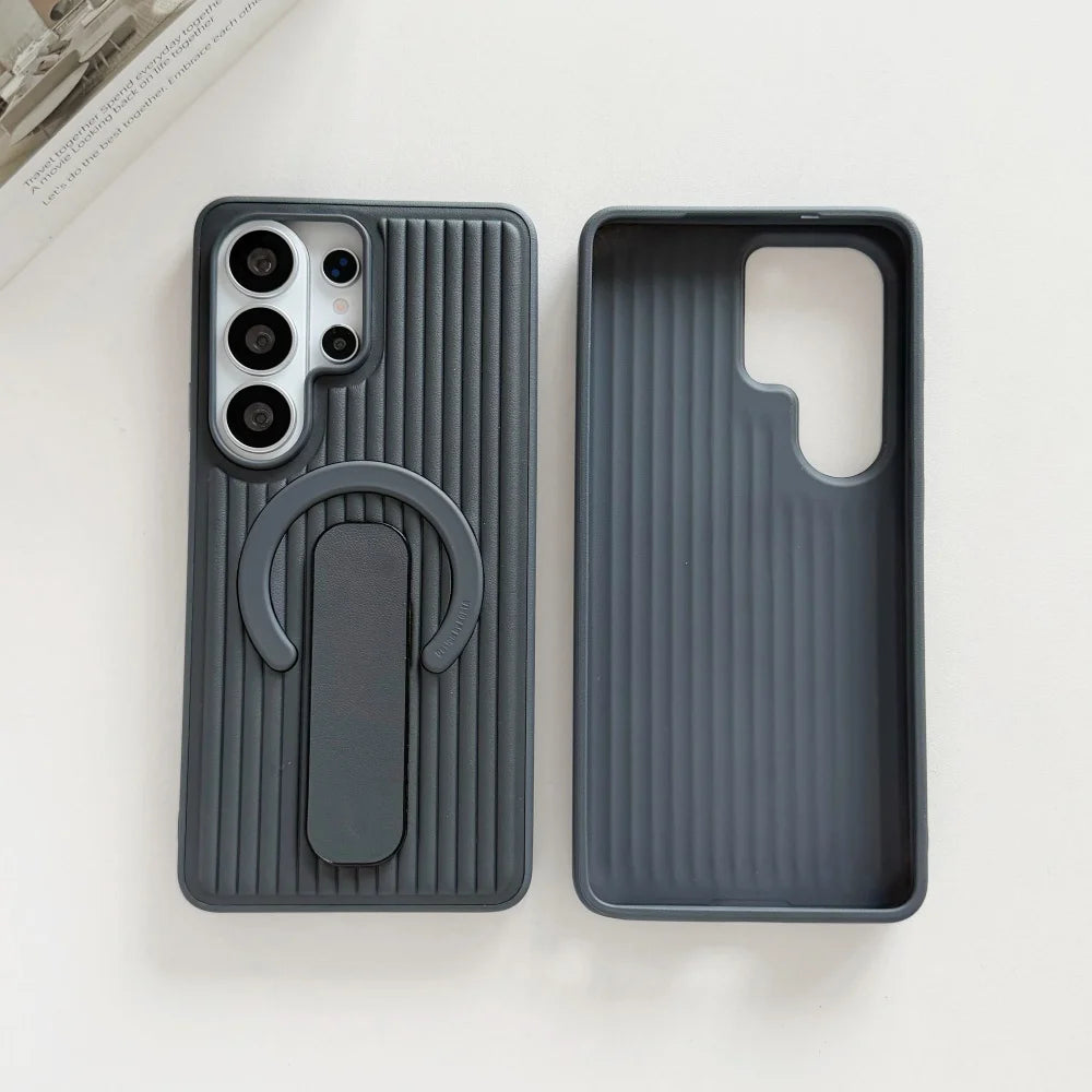 Corrugated Magnetic Stand Holder Phone Case for Samsung Galaxy S26Ultra S25 S24 Plus Veneer Leather For Magsafe Shockproof Cover
