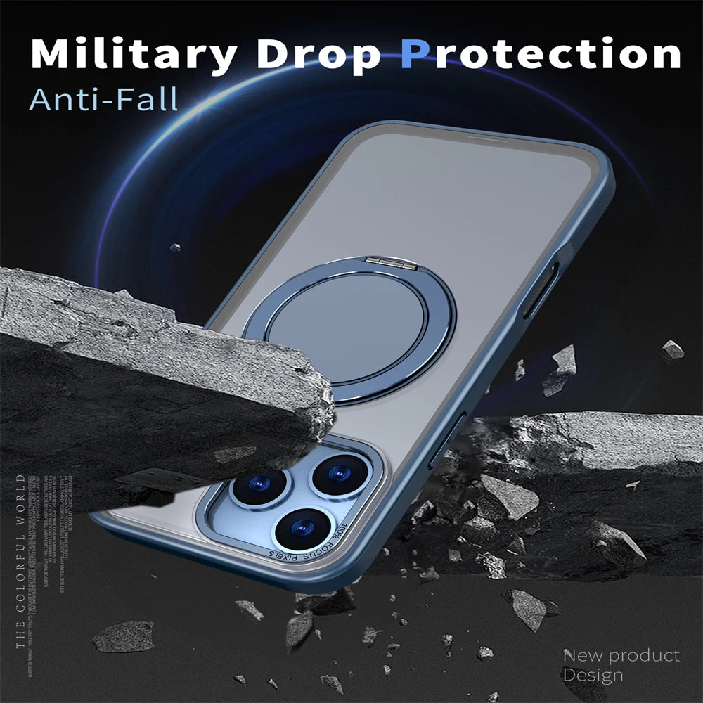Luxury Rotating Magnetic Kickstand Stand Phone Case For iPhone 17 16 Pro Max Plus Matte Frosted Shockproof Protective Back Cover