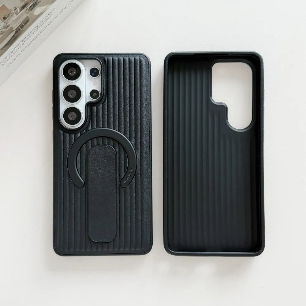 Corrugated Magnetic Stand Holder Phone Case for Samsung Galaxy S26Ultra S25 S24 Plus Veneer Leather For Magsafe Shockproof Cover