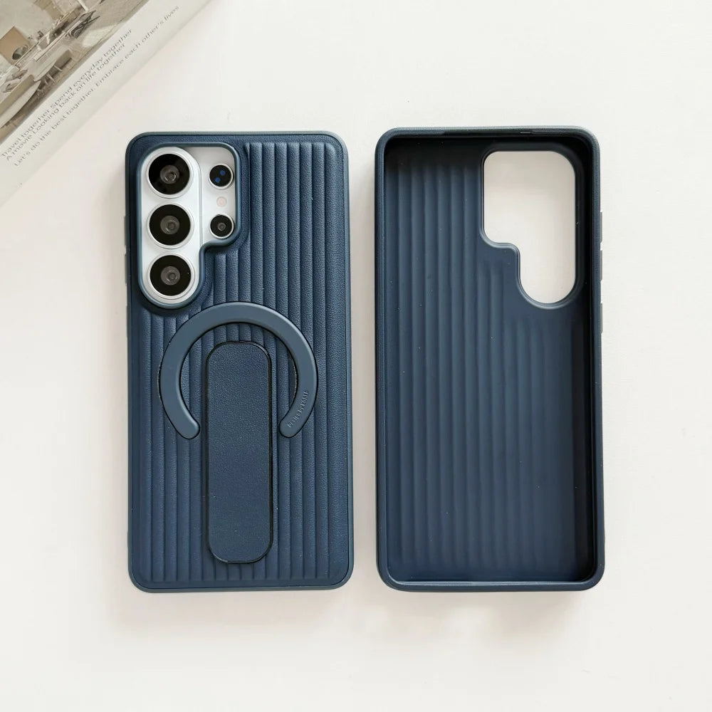 Corrugated Magnetic Stand Holder Phone Case for Samsung Galaxy S26Ultra S25 S24 Plus Veneer Leather For Magsafe Shockproof Cover