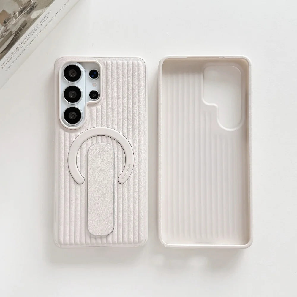 Corrugated Magnetic Stand Holder Phone Case for Samsung Galaxy S26Ultra S25 S24 Plus Veneer Leather For Magsafe Shockproof Cover