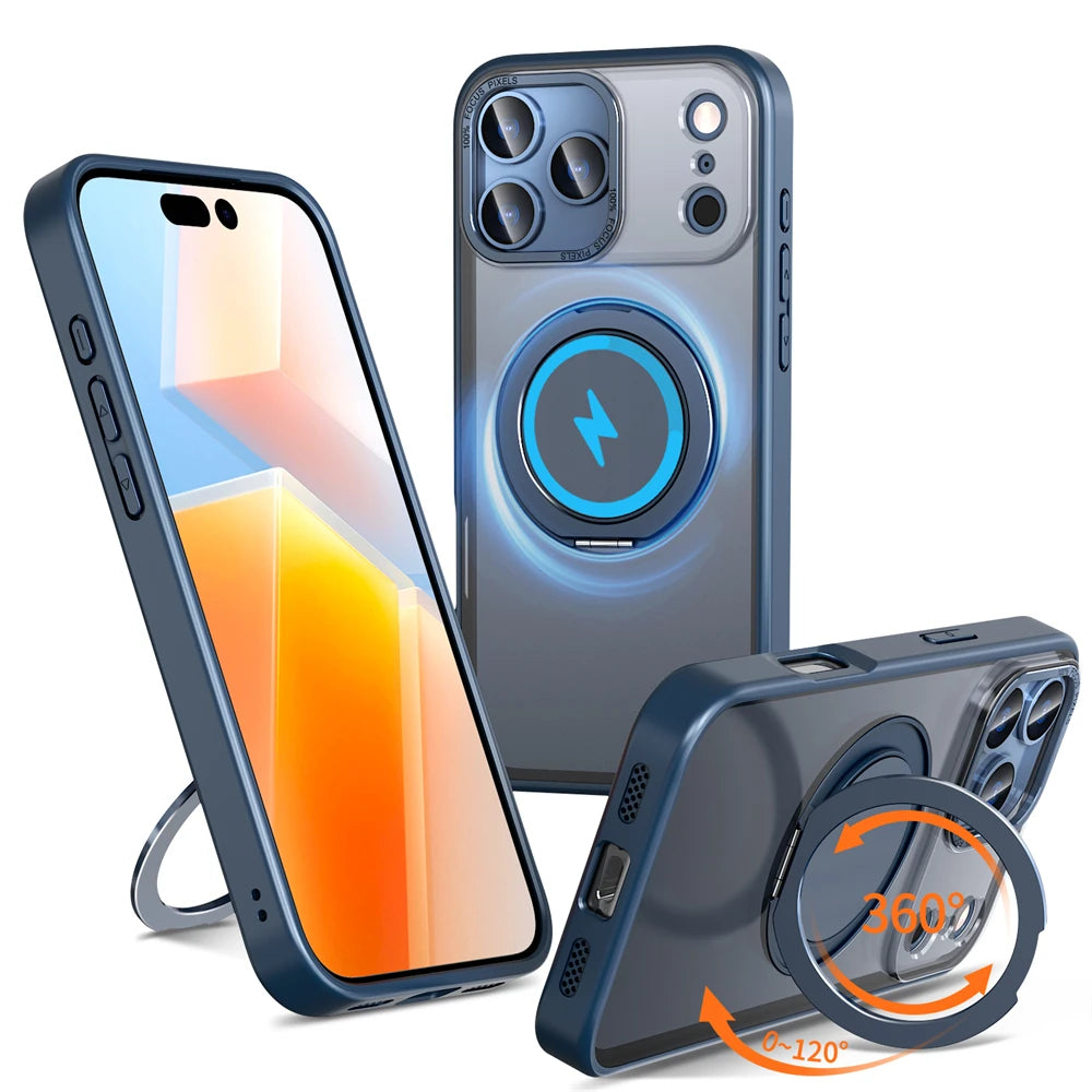 Luxury Rotating Magnetic Kickstand Stand Phone Case For iPhone 17 16 Pro Max Plus Matte Frosted Shockproof Protective Back Cover