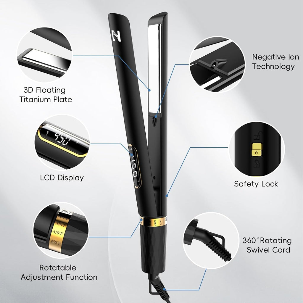 Flat Iron Hair Straightener, 1 Inch Titanium Hair Straightener & Curler, Fast Heating,5 Temp Settings, Negative Ion Technology,Travel-Friendly, Smooth Salon Design
