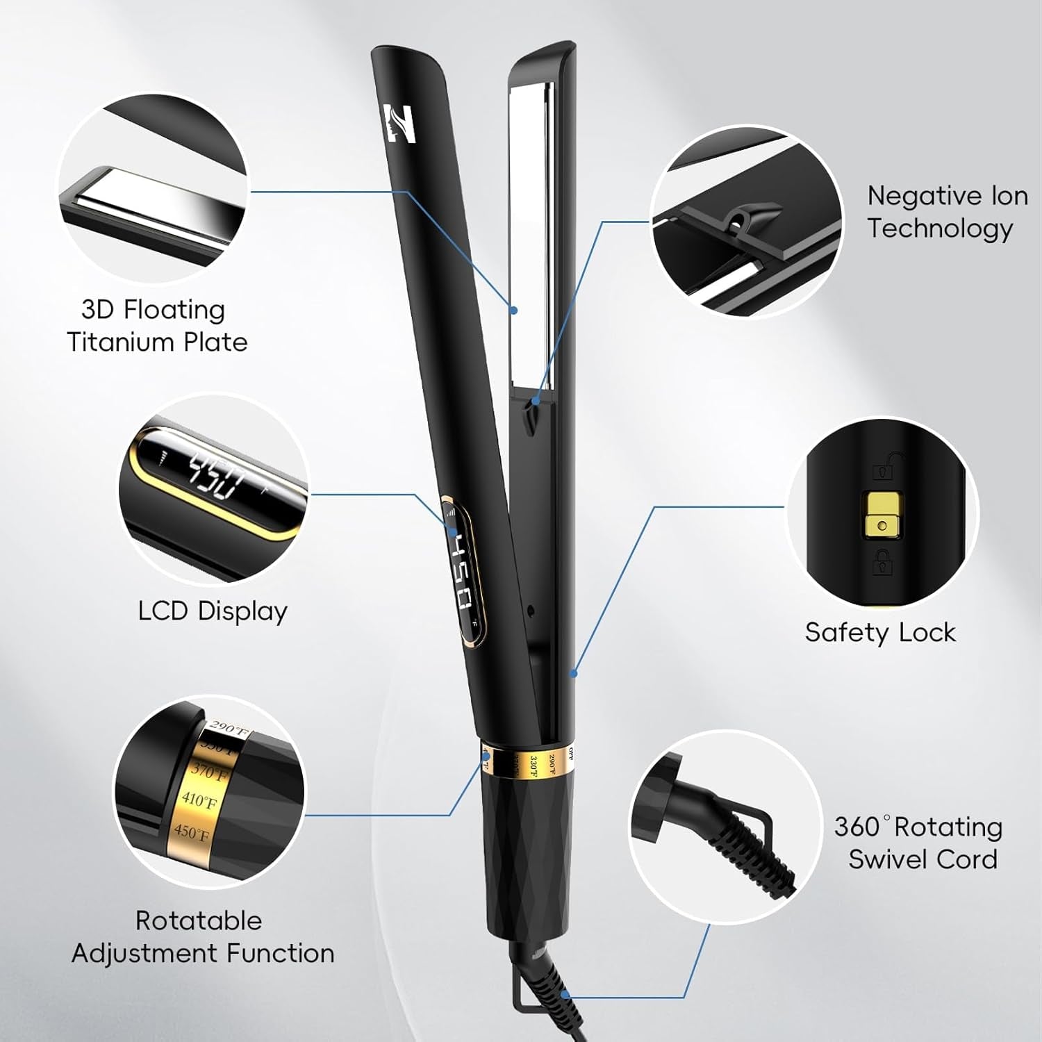 Flat Iron Hair Straightener, 1 Inch Titanium Hair Straightener & Curler, Fast Heating,5 Temp Settings, Negative Ion Technology,Travel-Friendly, Smooth Salon Design