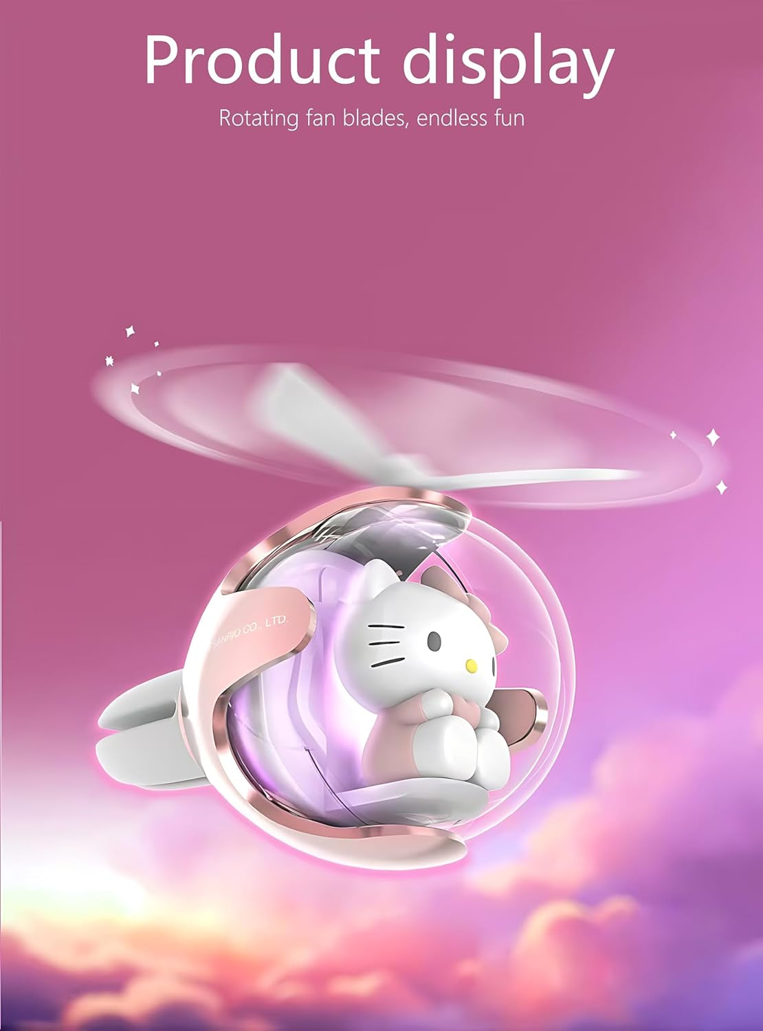 Kitty Car Air Freshener, Cute Pink Cat Pilot Air Vent Clip Interior Accessory, with 6 Color Changes, Rotating Propeller Car Air Outlet Fan, Creative Cartoon Car Air Freshener