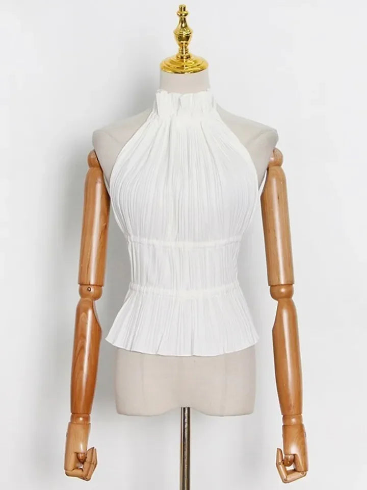 TWOTWINSTYLE Solid Spliced Lace Dobby Fabric Minimalist Tank Tops Women Halter Sleeveless Backless Patchwork Folds Slim Vests
