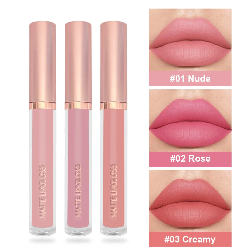 3 Nudelipgloss Lip Glaze Set Non-Stick Cup Non-Fading Velvet Matte Waterproof Durable Lip Gloss Cover Box