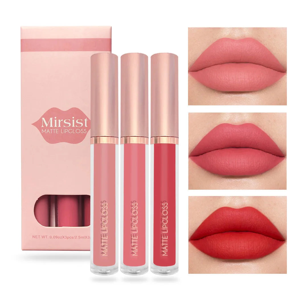 3 Nudelipgloss Lip Glaze Set Non-Stick Cup Non-Fading Velvet Matte Waterproof Durable Lip Gloss Cover Box