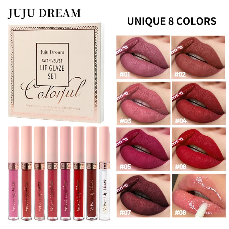 8 Colors Matte Lip Gloss Set One Swipe Pigment Long Lasting Non-Stick Cup Velvet Lip Glaze Kit