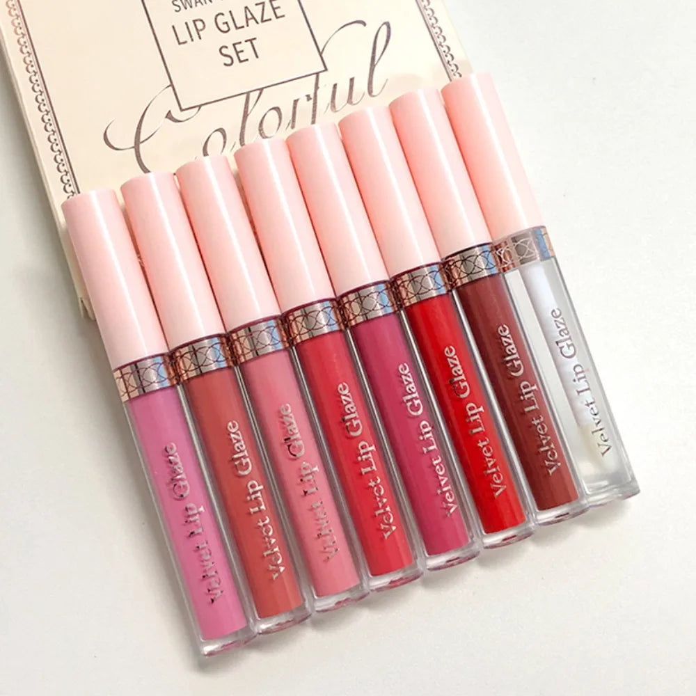 8PCS Swans Velvet Liquid Lipstick Set Matte Waterproof Long Lasting Lip Gloss Shades for Daily Party Makeup Gift