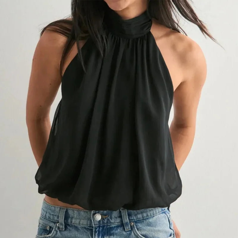 Women Puffy Halter Top Bubble Hem Pleated Halterneck Tank Top Elegant Sexy Backless Going Out Crop Camisole