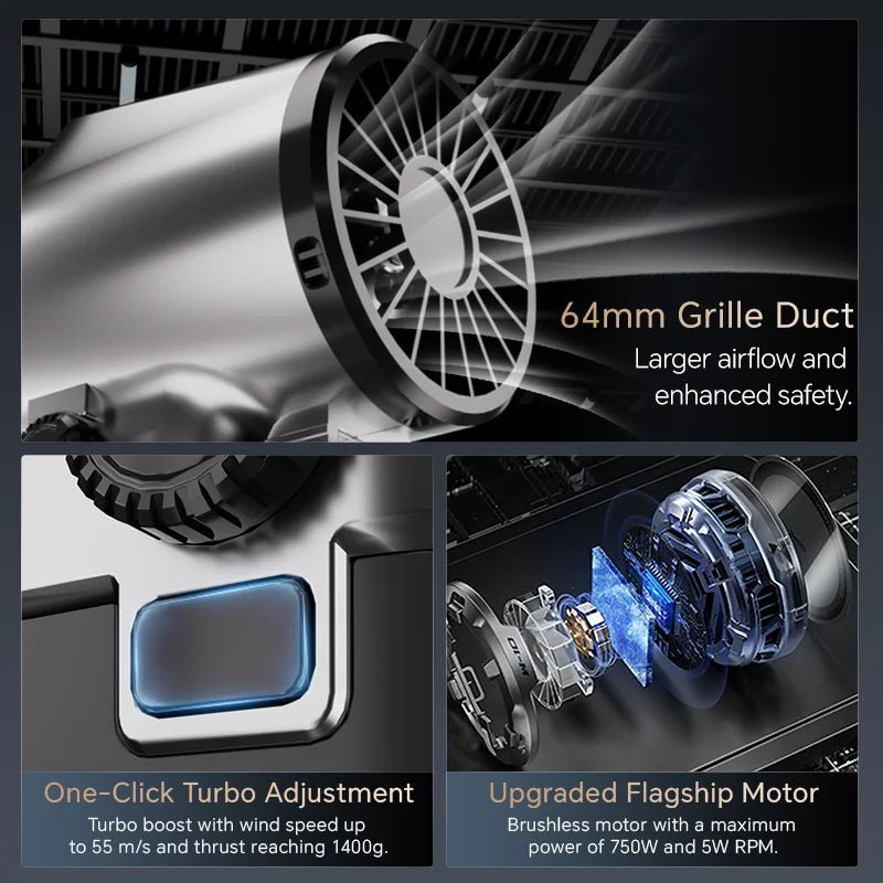 BOOSTER Turbo Fan Dryer Blower for Cars, 750W&64MM, Car Dryer Air Blower with Light, Stepless Speed Control Silicone Handle