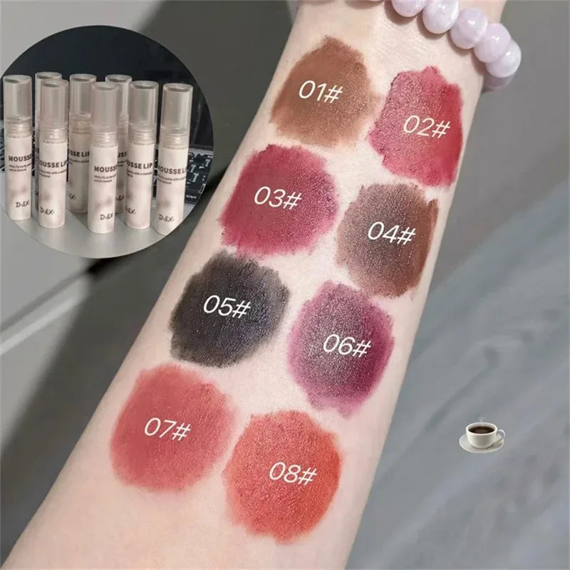 Matte Black Lipstick Waterproof Mousse Lip Mud Nude Brown Gothic Velvet Lip Gloss Moisturize Silky Gloss Non-stick Lip Makeup