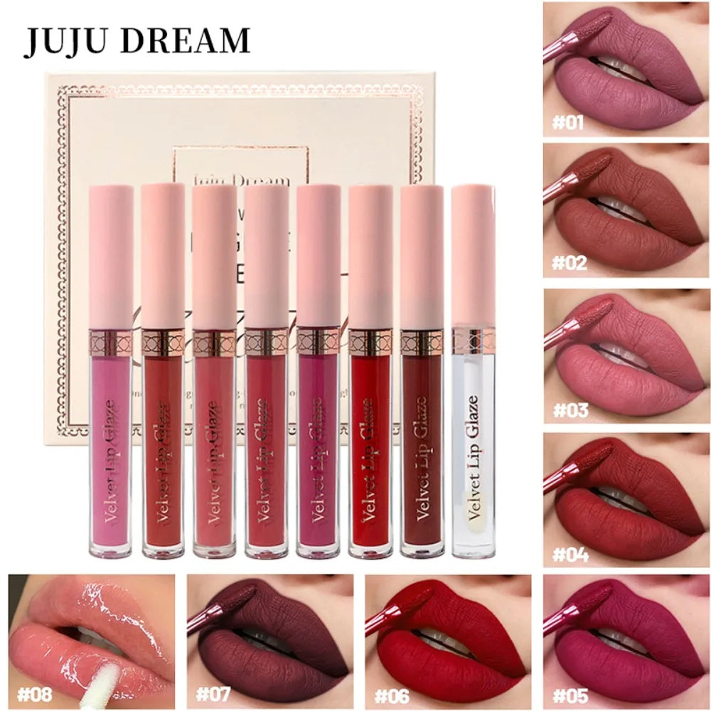 8PCS Swans Velvet Liquid Lipstick Set Matte Waterproof Long Lasting Lip Gloss Shades for Daily Party Makeup Gift