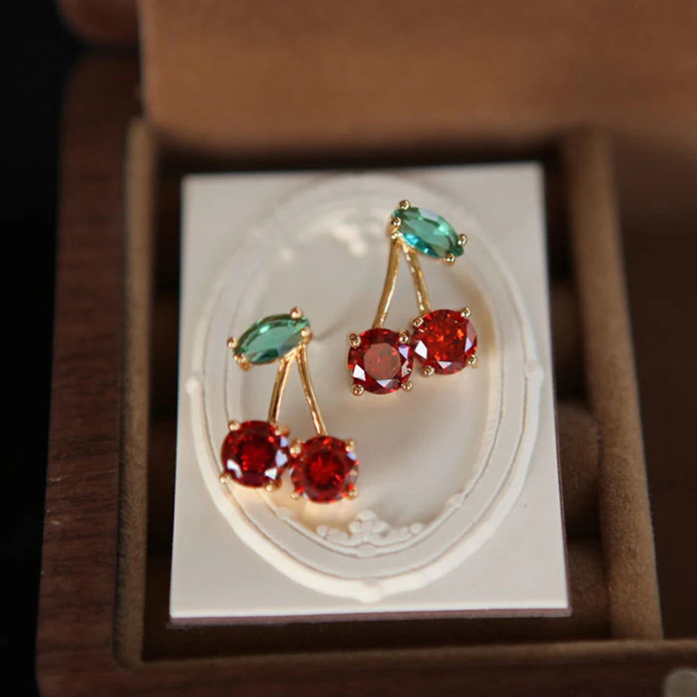 2024 Red Zircon Cherry Leaf Stud Earrings Women Piercing Jewelry For Fashion Crystal Dangle Party Prom Birthday Wedding Gifts
