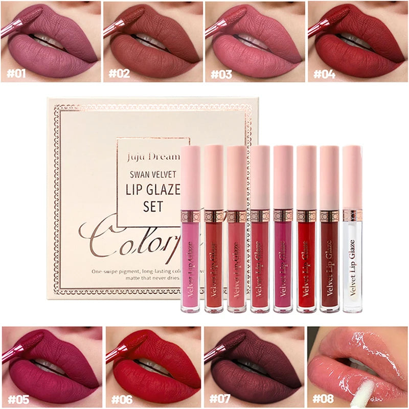 8 Colors Matte Lip Gloss Set One Swipe Pigment Long Lasting Non-Stick Cup Velvet Lip Glaze Kit