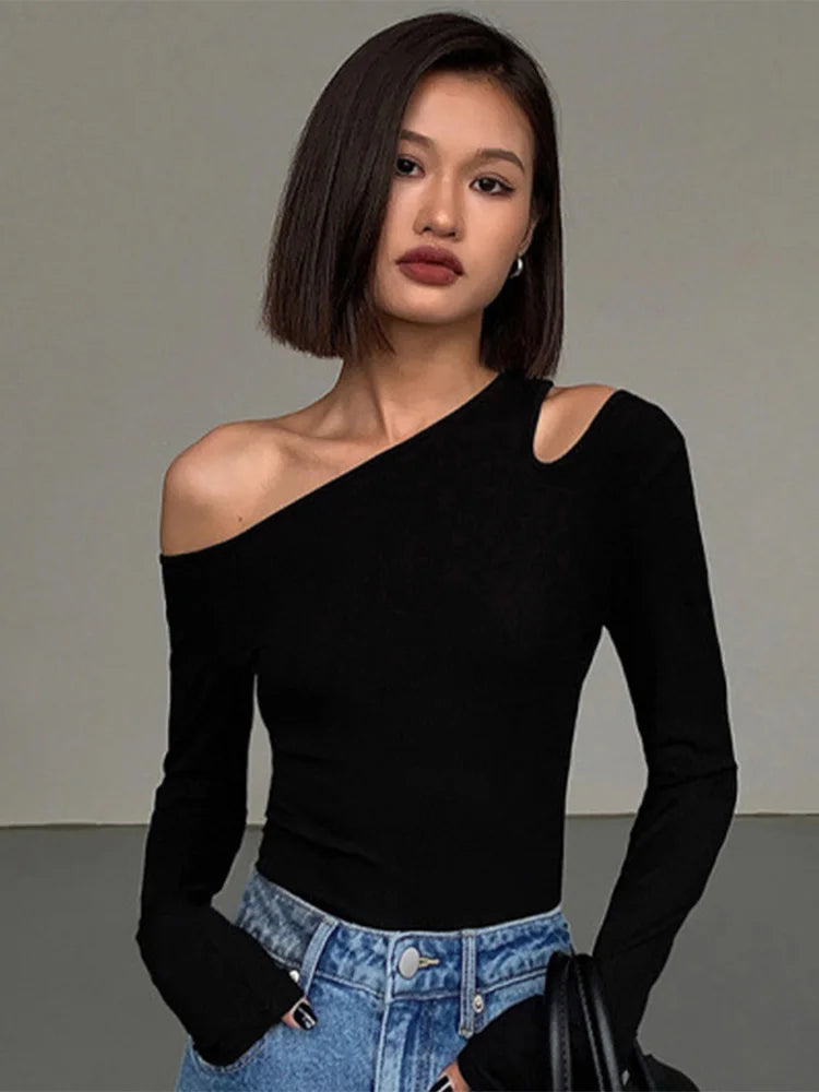 🖤 Sexy One Shoulder Crop Top – Elegant Slim Fit Shirt