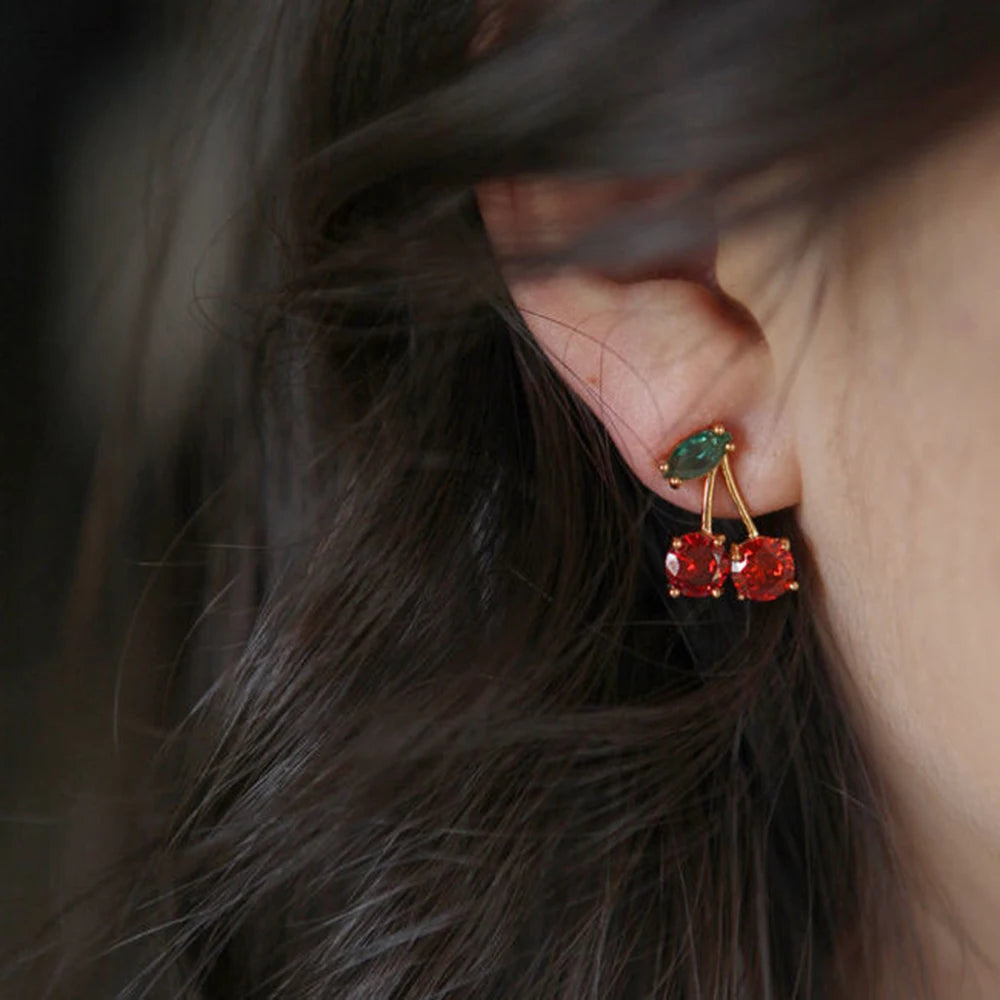 2024 Red Zircon Cherry Leaf Stud Earrings Women Piercing Jewelry For Fashion Crystal Dangle Party Prom Birthday Wedding Gifts