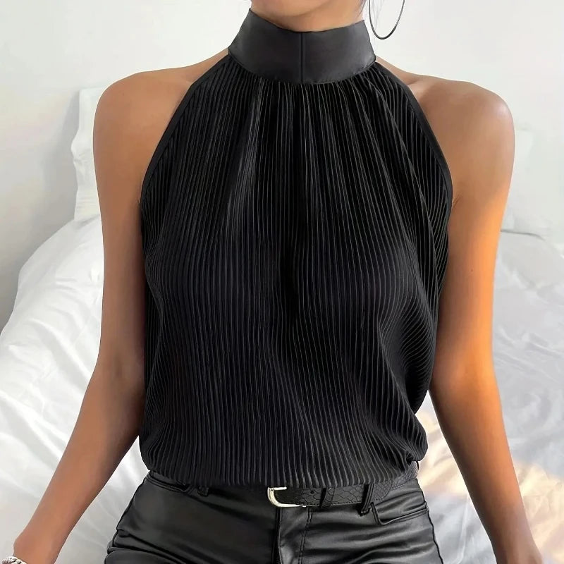 New fashionable solid color off the shoulder collarless and sleeveless pleated slim fit bottom shirt top