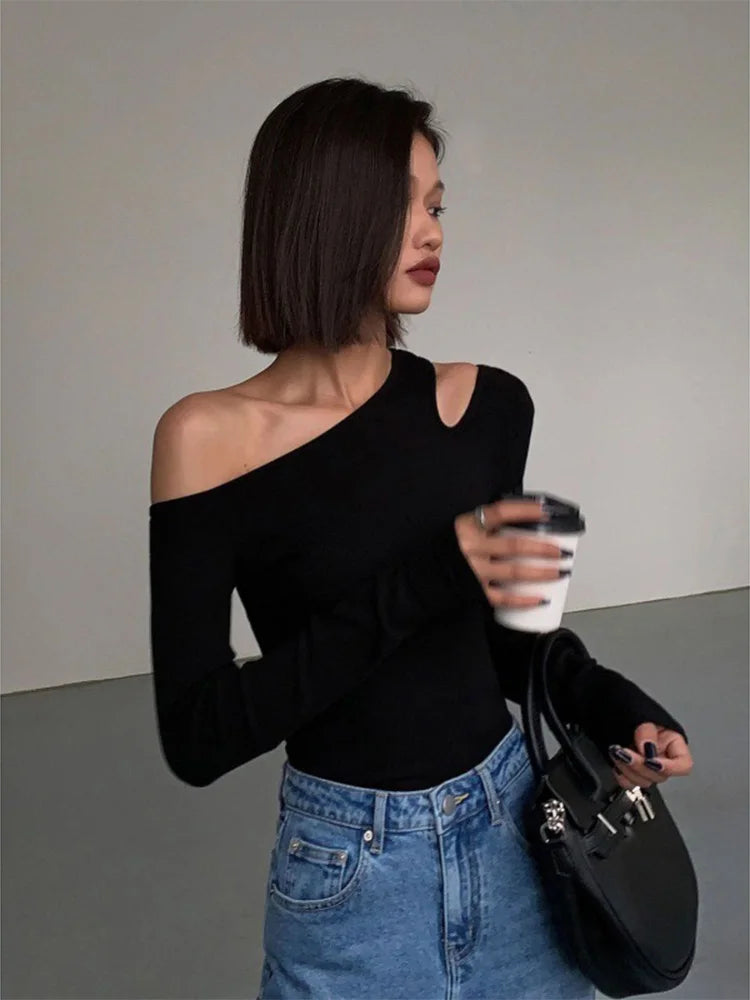🖤 Sexy One Shoulder Crop Top – Elegant Slim Fit Shirt