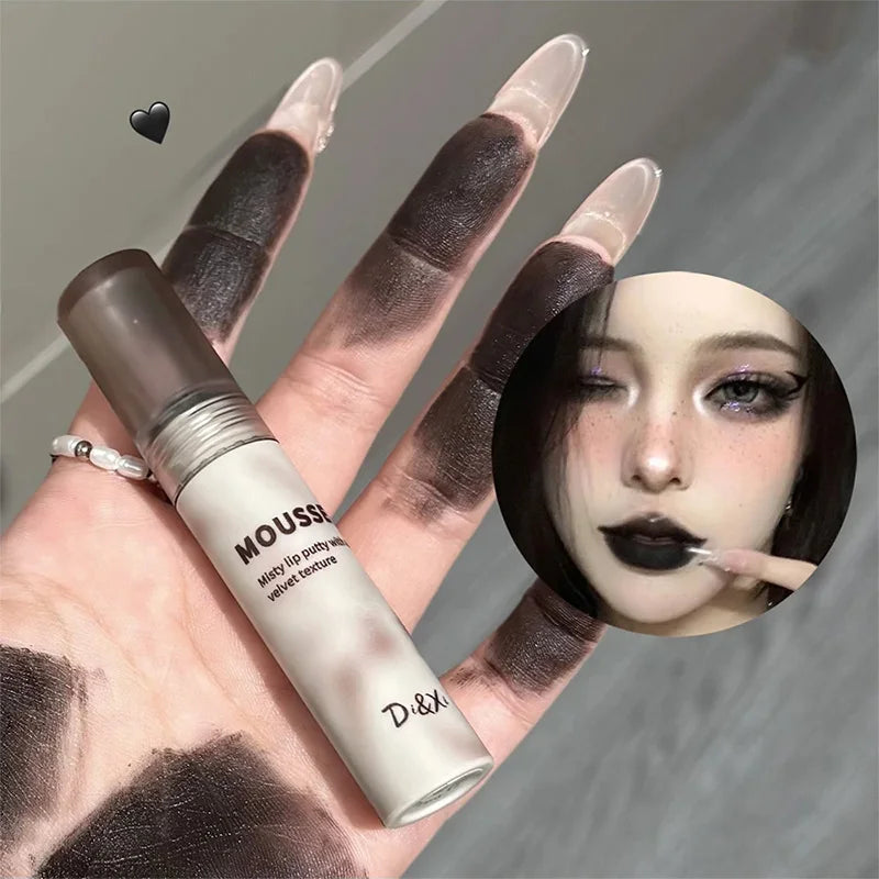 Matte Black Lipstick Waterproof Mousse Lip Mud Nude Brown Gothic Velvet Lip Gloss Moisturize Silky Gloss Non-stick Lip Makeup