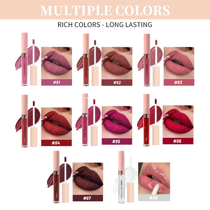 8 pcs matte liquid lipstick, lip glaze - waterproof, non-stick, long-lasting lip gloss, brown, pink, purple and red tones