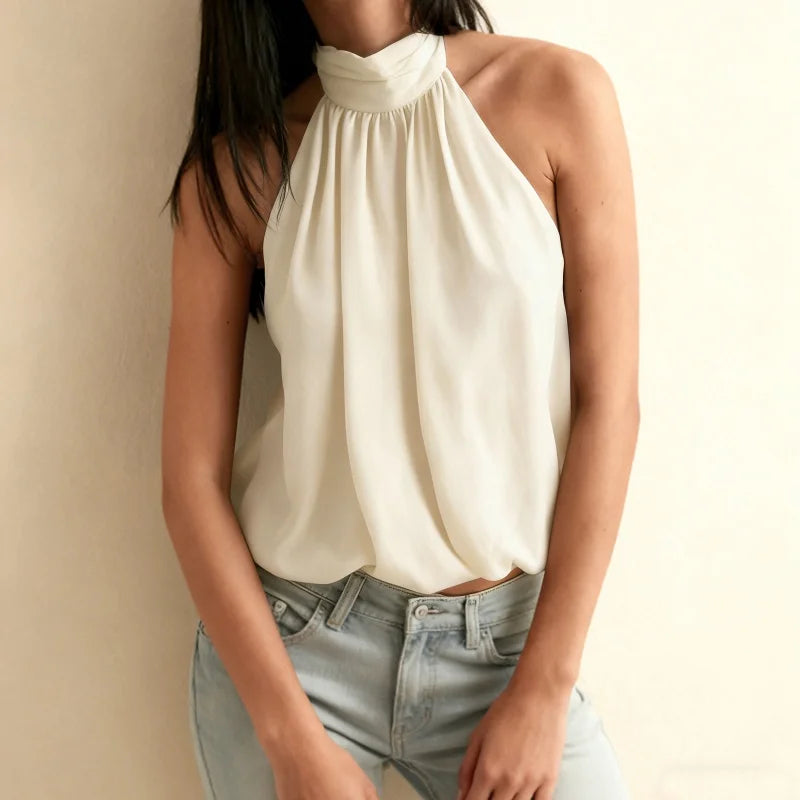 Women Puffy Halter Top Bubble Hem Pleated Halterneck Tank Top Elegant Sexy Backless Going Out Crop Camisole