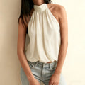 Women Puffy Halter Top Bubble Hem Pleated Halterneck Tank Top Elegant Sexy Backless Going Out Crop Camisole