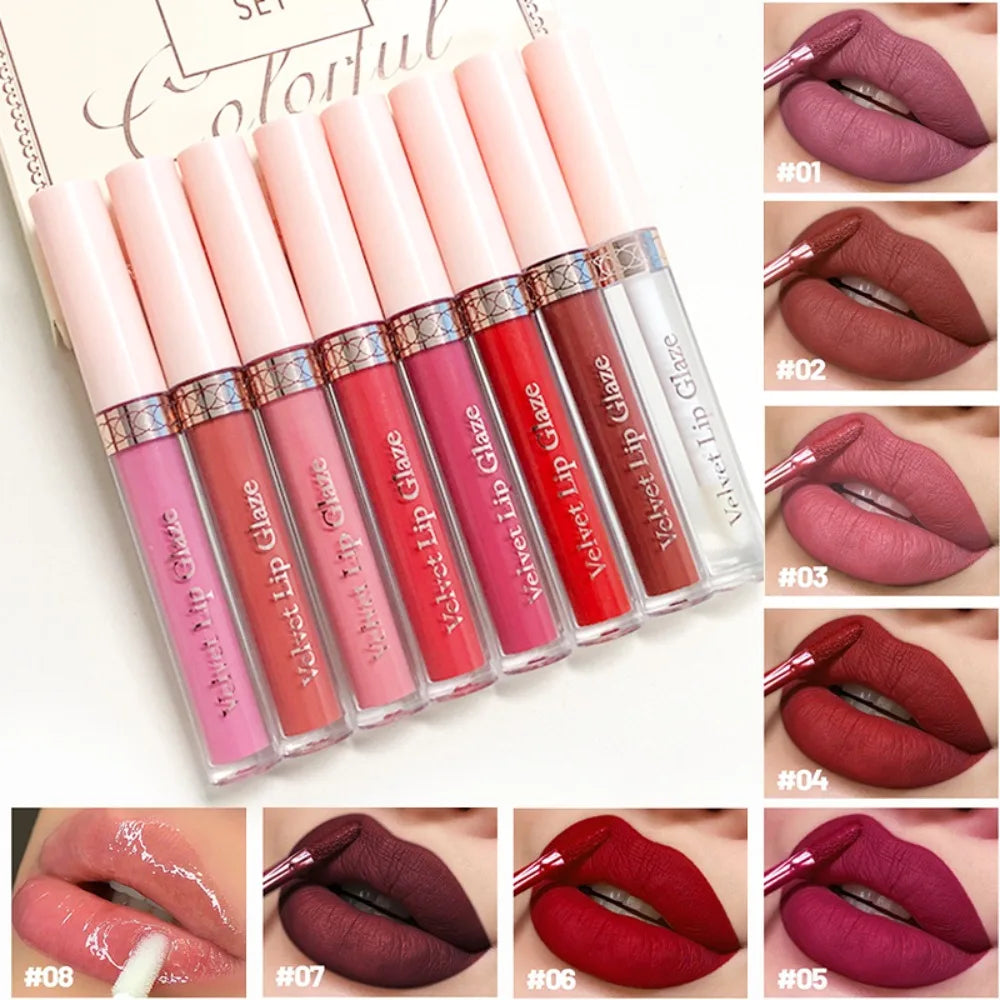8PCS Swans Velvet Liquid Lipstick Set Matte Waterproof Long Lasting Lip Gloss Shades for Daily Party Makeup Gift