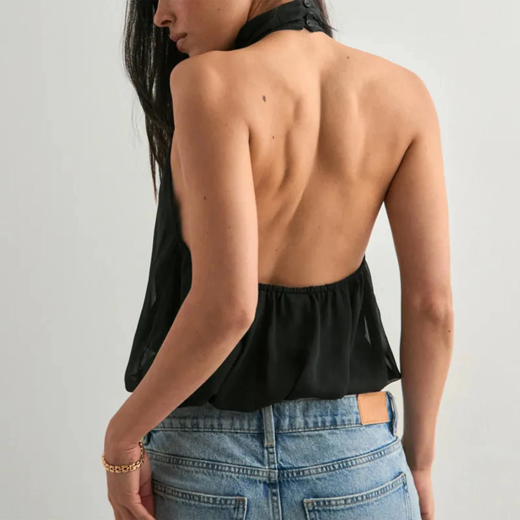 Women Puffy Halter Top Bubble Hem Pleated Halterneck Tank Top Elegant Sexy Backless Going Out Crop Camisole