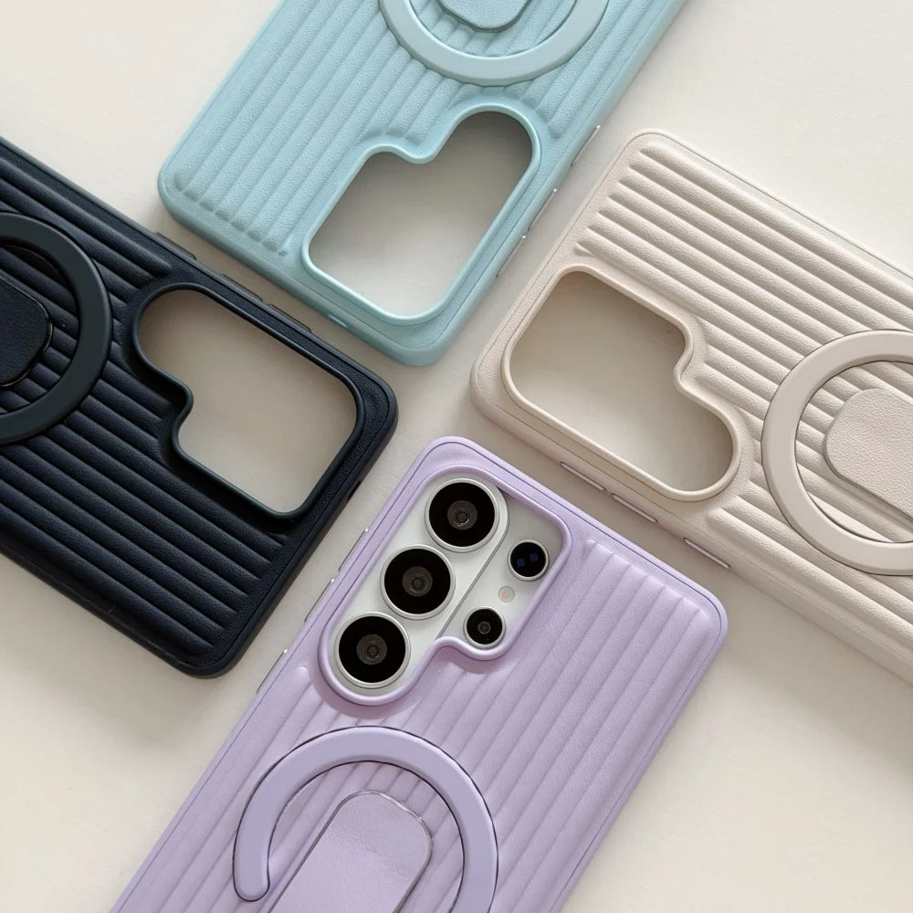 Corrugated Magnetic Stand Holder Phone Case for Samsung Galaxy S26Ultra S25 S24 Plus Veneer Leather For Magsafe Shockproof Cover