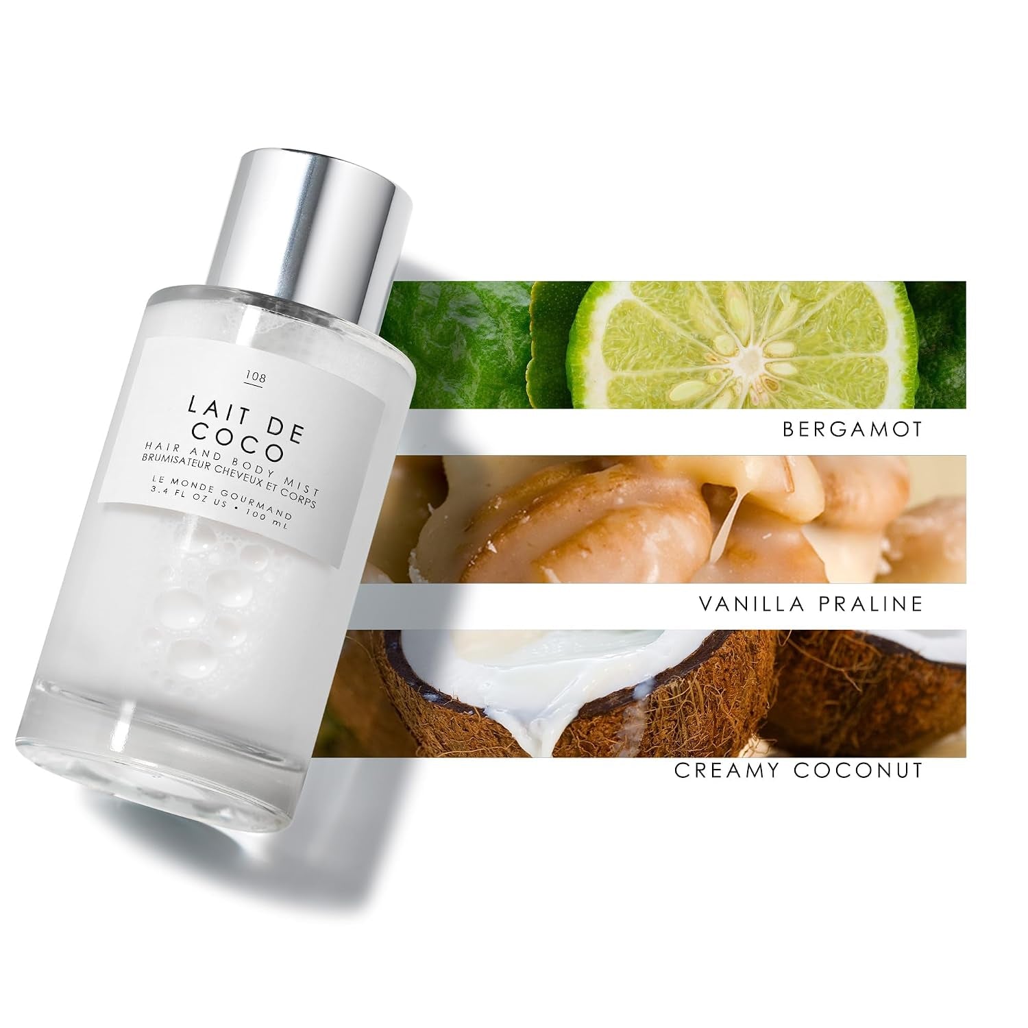 Lait De Coco Hair & Body Spray Mist - Bergamot, Vanilla, Coconut Fragrance Notes- 3.4Oz (100Ml)