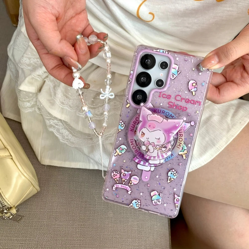 Luxury Sparkling Pink Dream Sanrio Magnetic For Magsafe Phone Case For Samsung Galaxy S26 Ultra S25 S24 Plus S23 FE Holder Cover