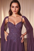 Elegant A-Line Pleated Dress w/ Long Shoulder Capes & Floral Lace Embellished Bodice CDCJ937