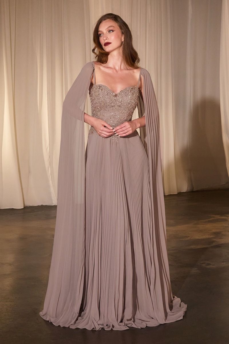 Elegant A-Line Pleated Dress w/ Long Shoulder Capes & Floral Lace Embellished Bodice CDCJ937