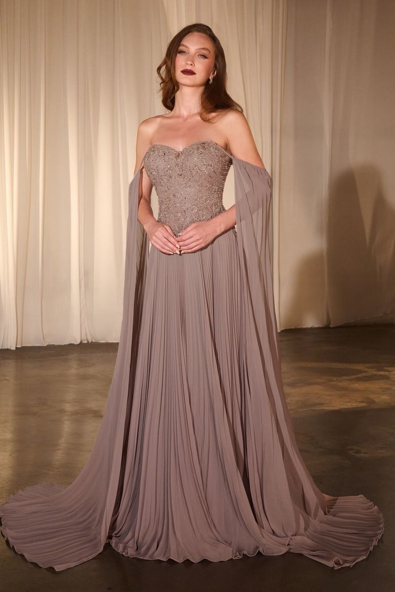 Elegant A-Line Pleated Dress w/ Long Shoulder Capes & Floral Lace Embellished Bodice CDCJ937