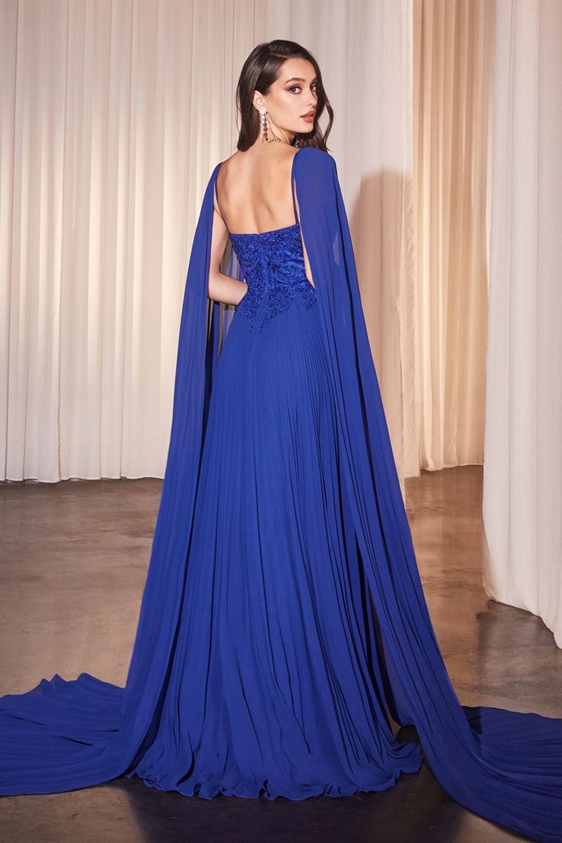 Elegant A-Line Pleated Dress w/ Long Shoulder Capes & Floral Lace Embellished Bodice CDCJ937