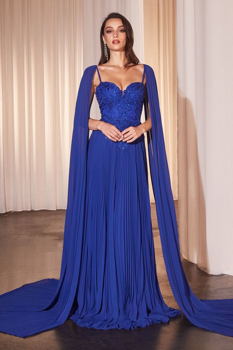 Elegant A-Line Pleated Dress w/ Long Shoulder Capes & Floral Lace Embellished Bodice CDCJ937