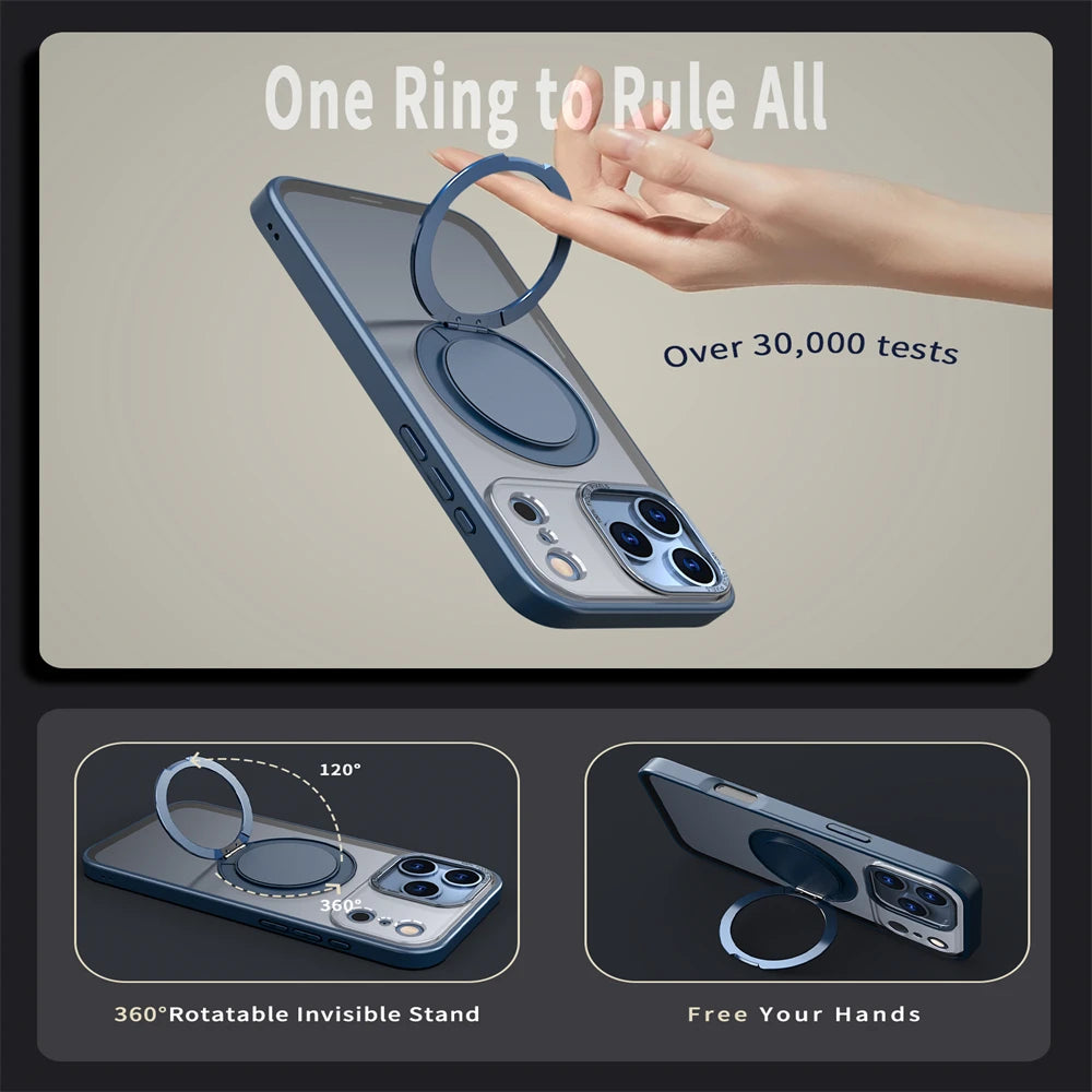 Luxury Rotating Magnetic Kickstand Stand Phone Case For iPhone 17 16 Pro Max Plus Matte Frosted Shockproof Protective Back Cover