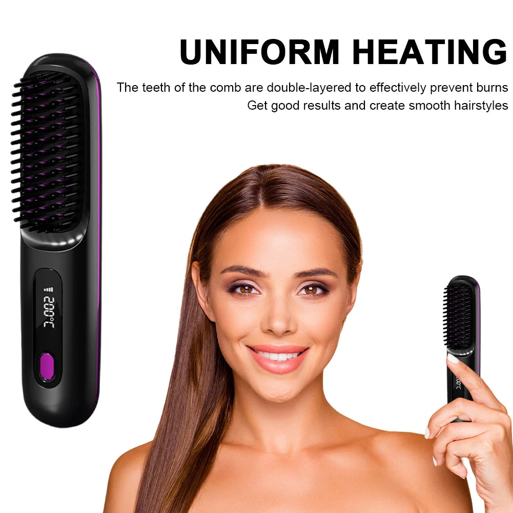 Cordless Hair Straightener Portable Straightener Brush 3 Adjustable Temp Hair Straightening Brush Anti-Scald for Hair Styling