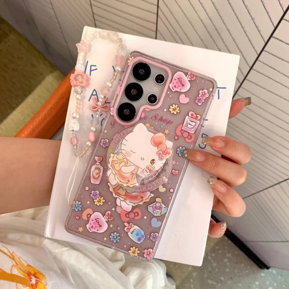 Luxury Sparkling Pink Dream Sanrio Magnetic For Magsafe Phone Case For Samsung Galaxy S26 Ultra S25 S24 Plus S23 FE Holder Cover