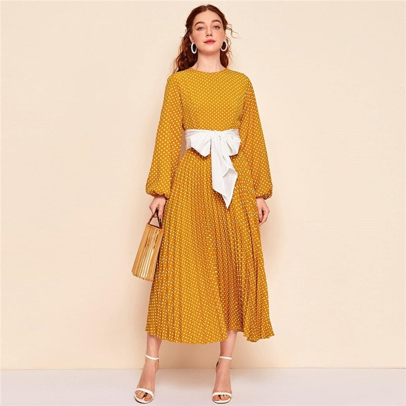 Abaya Blue Lantern Sleeve Polka Dot Pleated Dress With Belt Women Spring A Line Elegant High Waist Long Dresses-2
