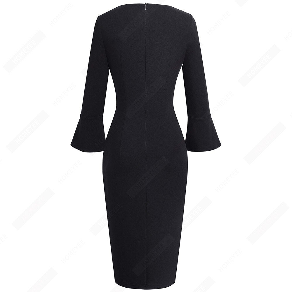 Women Sexy Deep V neck Elegant Horn sleeve Dress Business Slim Brief Pencil Dress-4