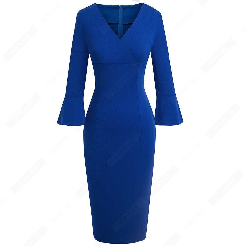 Women Sexy Deep V neck Elegant Horn sleeve Dress Business Slim Brief Pencil Dress-1