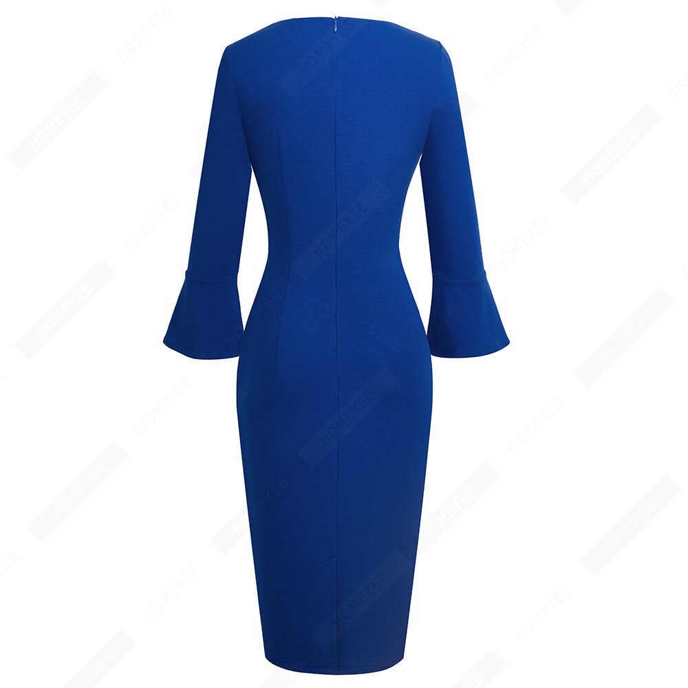 Women Sexy Deep V neck Elegant Horn sleeve Dress Business Slim Brief Pencil Dress-3