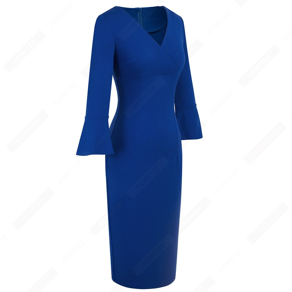 Women Sexy Deep V neck Elegant Horn sleeve Dress Business Slim Brief Pencil Dress-2